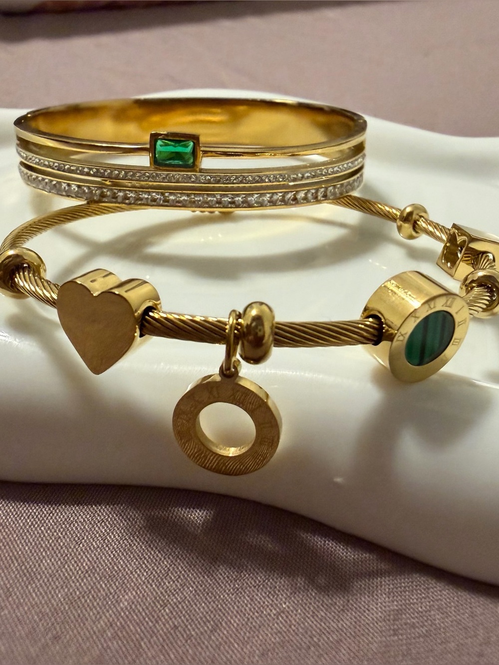 Gold Cuff Bracelet with Green Gem and Crystals
